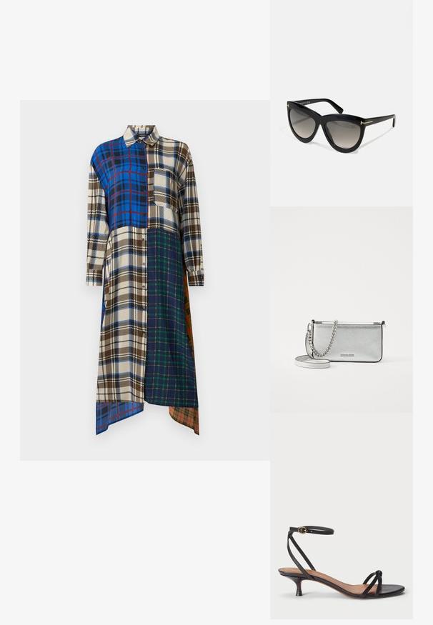 WEEKEND MaxMara SAMARIA - Paitamekko - beige; Polo Ralph Lauren LEATHER KITTEN-HEEL SANDAL - Avokkaat - black; Tom Ford DORIS - Aurinkolasit - shiny black/gradient smoke; Hopeinen nahkainen olkalaukku, jossa on tekstuuri, ketju- ja hihnapainatukset sekä vetoketjukiinnitys. Edessä on logo.