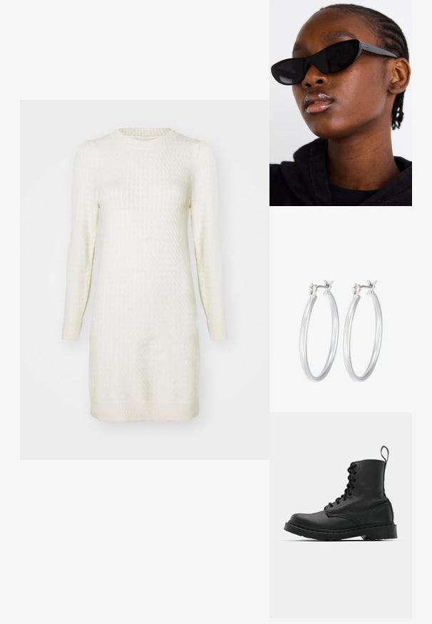 Kremno obarvana pletena obleka z dolgimi rokavi, rebrastimi manšetami in teksturiranim vzorcem po celotni obleki; okrogla izreza in rob pada nad kolena.; Črne usnjene vojaške škornje s okroglo konico, z vezalkami spredaj in z zanko na gležnju. Imajo debele gumijaste podplate za dolgo življenjsko dobo.; Črne mačkaste sončna očala z mat površino, ki se ponašajo s prefinjenim dizajnom in rahlo ukrivljenimi robovi, nastavljene ob modelovih temnih oblačilih.; Srebrni obroči za ušesa z gladko, polirano površino. Okrogla oblika in varna zaponka s klikom. Lahka zasnova, primerna za vsakodnevno nošenje.