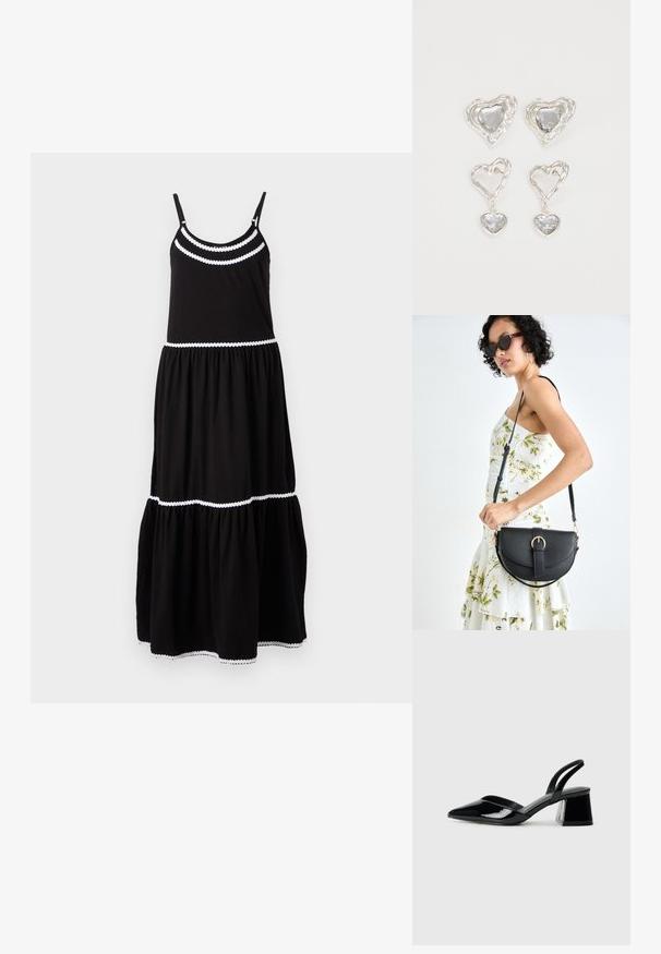 Vestido maxi preto em algodão com alças de espaguete ajustáveis, bainha branca recortada, design em camadas e saia fluida. Adequado para uso casual.; Sandy em verniz preto com salto slingback, ponta afilada e salto geométrico. Apresenta um design elegante e minimalista com textura suave.; Bolsa de couro preta com forma curva, alça destacável e detalhes em dourado. A bolsa possui uma aba com detalhe de fivela.; Os brincos em forma de coração prateados apresentam pedras claras facetadas, com uma moldura texturizada. O conjunto inclui estilos de botão e de gota.