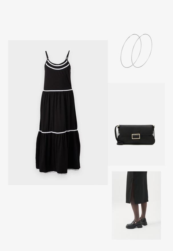 Melna kokvilnas maksi kleita ar regulējamiem spaghetti siksnām, baltu viļņotu apdari, slāņainu dizainu un plūstošu svārku. Piemērota ikdienas valkāšanai.; Melni ādas apavi ar noapaļotu purngalu, biezām bloku papēžiem un elastīgiem sānu akcentiem, apvienoti ar tumšām zeķubiksēm un melnu svārku ar šķirbu.; Melnas ādas saķeres soma ar atloku un zelta metāla sprādzi. Ietver melnu siksnu un elegantu, minimālistisku dizainu.; Sudraba gredzenveida auskari ar minimālistisku dizainu. Cirkulāra forma, gluda tekstūra un plāns profils. Vieglu svaru ar spīdīgu apdari.