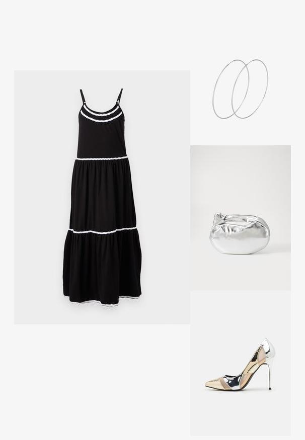 Mustmust värvi maksimek, reguleeritavate spagetitraksidega, valge sakilise äärisega, kihilise disainiga ja voolava seeliku osaga. Sobib igapäevaseks kandmiseks.; Kitsas toe kõrge kontsaga kingad, millel on hõbedane, kuldne ja nude värvilahendus. Läikiv viimistlus lõikekujundusega, stiletto konts.; Hõbedane metallikoti kott pehme, ümar kuju ja sõlme ülemise sulgemisega. Valmistatud siledast kunstnahast materjalist.; Hõbedased rõngastikkaehingad minimalistlikus disainis. Ümar kuju, sile tekstuur ja õhuke profiil. Kerged ning poleeritud viimistlusega.