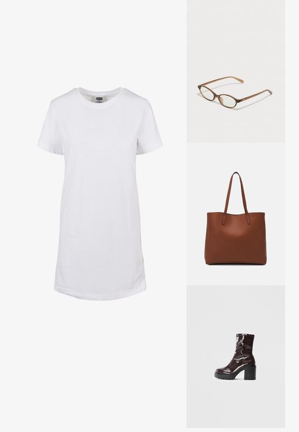 Urban Classics Džersejové šaty - white; Lesklé burgundské kotníkové boty s robustním černým podpatkem, s hladkou strukturou a jednoduchým designem. Bez viditelných zapínání nebo vzorů.; Hnedé želvovinové okuliare s oválnymi sklíčkami, tenkými ramenami a priesvitnými akcentmi. Obsahujú jemný logo na stranici. Štýlový, ľahký dizajn.; Hnedá kožená taška na rameno s hladkou textúrou, otvoreným vrchom a dvoma ramenými popruhmi. Má minimálne šitia a žiadne viditeľné kovania.