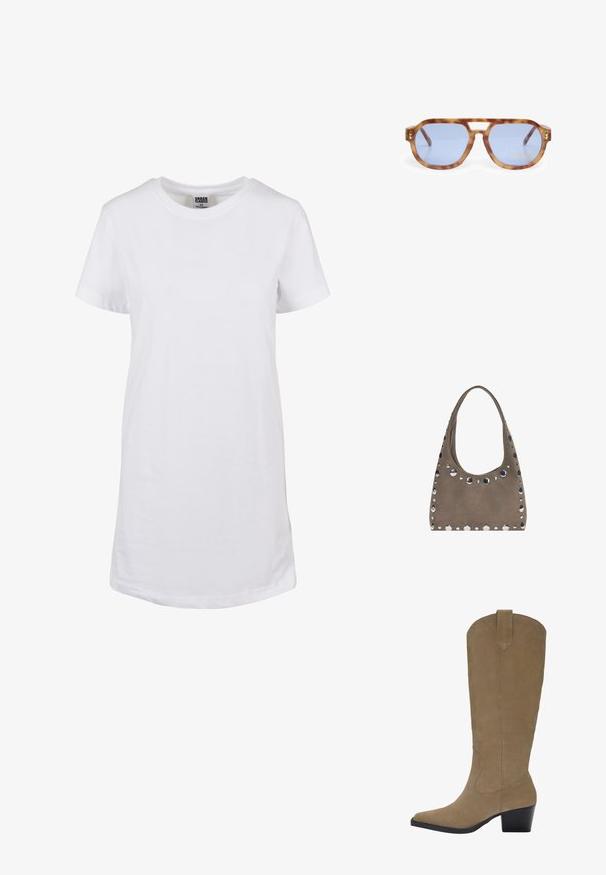 Urban Classics Žerzejové šaty - white; Kozačky z hladké světlé semišové kůže do výšky kolen s špičatou špičkou, nasazeným podpatkem a prošíváním po stranách. Hladká textura a strukturovaný design.; Želvovinové sluneční brýle s modrými skly, ostrým designem, silným rámem a výřezem na nosníku; obsahují zlatý akcent na spánku.; PULL&BEAR SHOPPER - Velká kabelka - grey