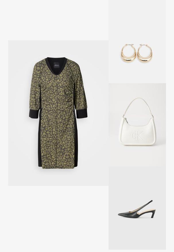 Robe à imprimé léopard avec un col en V, des manches trois-quarts et un tissu texturé de couleur vert olive. Panneaux latéraux et détails noirs pour le contraste.; Slingback noir à bout pointu avec un petit talon, en cuir lisse et doté d'un design découpé sur le côté pour plus de respirabilité.; Sac à main en cuir blanc avec une forme courbée, arborant un logo "CK" embossé à l'avant et une seule bandoulière. Fermeture à glissière en haut.; Boucles d'oreilles créoles dorées en forme de croissant, avec une surface polie et un fermoir à charnière. La texture lisse et la finition réfléchissante améliorent la visibilité.
