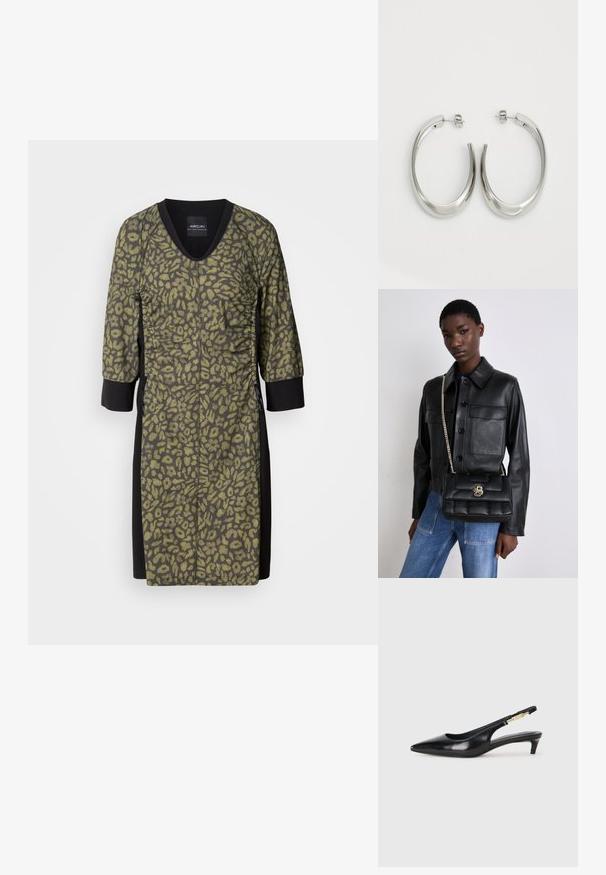 Leopard print dress with a v-neck, three-quarter sleeves, and textured olive green fabric. Black side panels and detailing for contrast.; Black leather slingback heels with a pointed toe, featuring a slim heel and a gold-tone accent on the adjustable strap. Smooth texture.; Black leather jacket with button closure and two front pockets, paired with a black quilted handbag featuring a gold clasp and chain strap.; Silver hoop earrings with a smooth, curved design. Features a shiny metallic finish and stud closure. No visible patterns or accents.