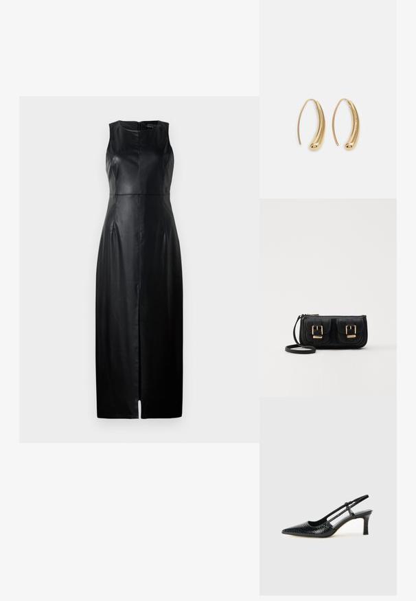 Fekete ujjatlan bőrruha, testhez simuló fazonnal, térd alá érő hosszúsággal és diszkrét elülső hasítékkal. Hátsó cipzáras záródás.; Fekete lakk slingback sarok, hegyes orral, texturált kígyómintával, állítható pánttal és rövid, texturált tömbsarkal.; Fekete bőr keresztbody táska két elülső zsebbel, arany csattokkal, cipzáras záródással és vékony pánttal. Textúrált felület és kompakt téglalap alak.; Aranyszínű fémből készült karika fülbevalók ívelt, hosszúkás formával. Simaságával és fényes felületével, valamint lekerekített végével további részletekkel bővül.
