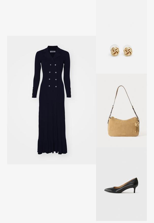 Svart ribbestrikket lang kjole med dobbeltknapp-front, notched krage og flagrende nederkant. Har sølvfargede knapper på ermene.; Sorte lærpumpe med spiss tå, lav hæl og en glatt tekstur. Har en liten åpning foran og minimalt med beslag bak.; Brun suède skulderveske med buet fasong, gullfarget hardware og glidelås. Har en vedlagt charm med initialene "MK."; Gullfarget knute stud-øreringer med en vridd design. Hver ørering har en sirkulær klar bakside for sikker bruk.