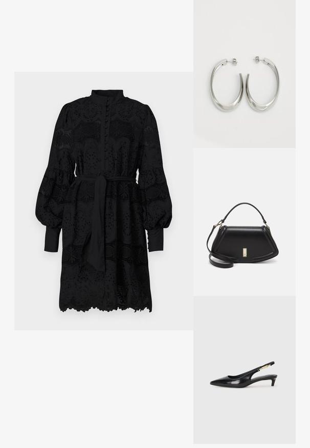 Robe noire avec un col montant, patte de boutonnage et manches longues bouffantes. Présente une broderie semblable à de la dentelle et une ceinture à nouer à la taille.; Talons hauts en cuir noir avec un bout pointu, dotés d'un talon fin et d'un accent en ton or sur la lanière réglable. Texture lisse.; Sac à main en cuir noir avec un design structuré, featuring une forme cropped, une poignée supérieure et des accents en matériel doré. Bandoulière réglable incluse.; Boucles d'oreilles en argent avec un design lisse et courbé. Présentent une finition métallique brillante et une fermeture à clou. Pas de motifs ou d'accents visibles.