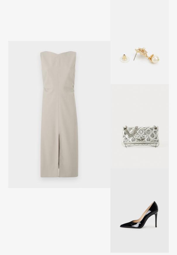 Tiger of Sweden ANITTA - Päevakleit - granite; Must matte musta kõrge kontsaga king, millel on terav varvas ja sujuv siluett. Omab sileda, läikivat viimistlust ja sale stiletto konts.; Hõbedane metallist käekott ahelakäepidemega, koos tepitud tekstuuri, dekoratiivse õmbluse ja lukuga. Esiküljel on embosseeritud aktsendid.; Kuldtooni kõrvarõngad, millel on dekoratiivne disain ja pärli aksent, metallpilt ja läbipaistev kummist toestus.