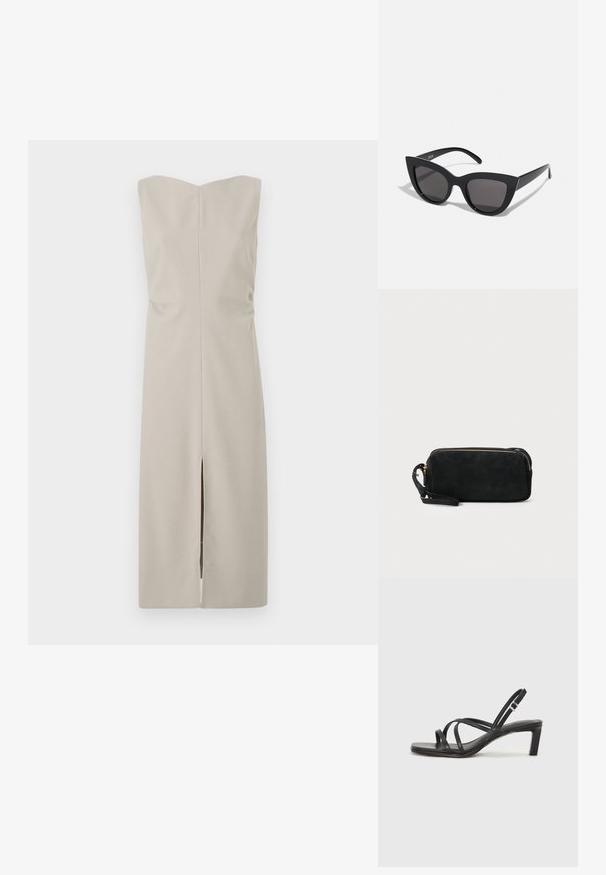 Tiger of Sweden ANITTA - Päevakleit - granite; Mustast rihmajalatsid ruudukujulise varba ja madala ploki kontsaga. Omab mitmeid õhukesi rihmasid ja reguleeritavat pahkluu rihma. Valmistatud siledast nahast.; Mustad mustakate silmade prillid, millel on matt viimistlus, hallist toonitud läätsed, teravad nurgad ja stiilsed küljed. Brändi nimi on nähtav siseküljel.; Mustan sametist käsipakiga kotike, millel on tõmblukuga sulgemine ja eemaldatav randme rihm. Omab kuldse tooni riistu ja sileda, mati tekstuuri.