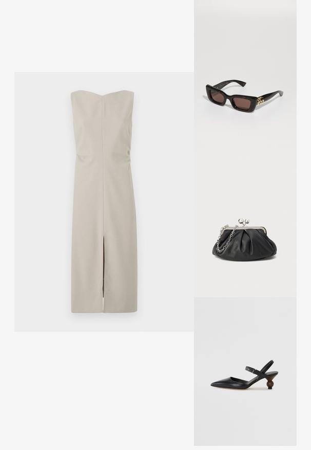 Tiger of Sweden ANITTA - Denní šaty - granite; Černé kožené sandály s úzkým páskem kolem kotníku, špičatou špičkou, zakřiveným designem a kulatým podpatkem připomínajícím dřevo.; Černé želvovinové sluneční brýle s obdélníkovými skly, hnědým tónem, silným rámem a zlatým detailem dvojitého G loga na spánku.; Černá kožená kabelka s nabíranou texturou, stříbrný kovový rám, uzávěr na klips a řetízkový popruh. Hladký, jemný povrch.