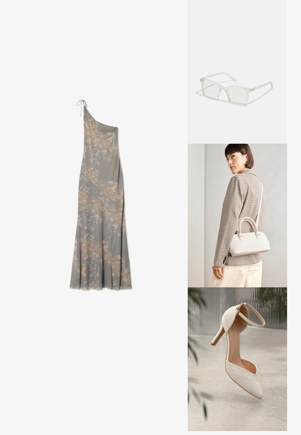 Maks haljina s jednim ramenom u sivoj tkanini, koja sadrži cvjetni uzorak u svjetlijim tonovima, s lepršavim dizajnom i suptilnim bočnim nabora.; Bijela visoka potpetica u glatkom materijalu s oštrim vrhom i remenom oko gležnja. Ima svijetlosmeđi unutrašnjost i akcentu u zlatnoj boji.; Prozirne plastične naočale kvadratnog okvira s prozirnim lećama, koje sadrže zlatne akcentne detalje na drškama.; Bijela strukturna torba s kratkim ručkama i remenom za rame, s zlatnim metalnim detaljima i teksturiranim materijalom, prikazana na sivoj pozadini.