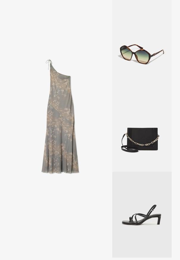 Rochie maxi cu un singur umăr din material gri, având un model floral în nuanțe mai deschise, cu un design fluid și pliuri laterale subtile.; Sandal cu barete negre, cu vârf pătrat și toc mic de bloc. Prezintă mai multe barete subțiri și o bareta ajustabilă la gleznă. Fabricat din piele netedă.; Ochelari de soare tortoiseshell maro cu un cadru larg, unghiular și lentile cu gradient care trec de la întunecat la deschis, având accente metalice.; Geantă de umăr din piele neagră, cu o textură netedă, formă rectangulară și un detaliu din lanț metalic în față. Include curea reglabilă.