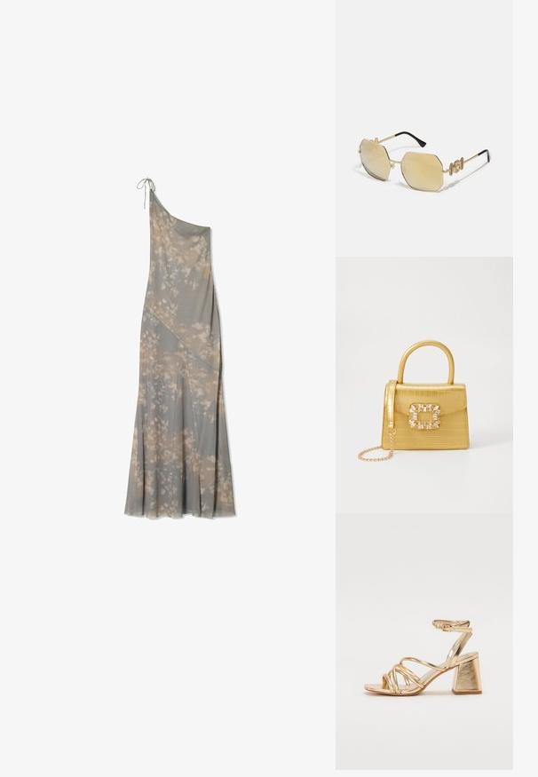 Maxiklänning med ena axeln i grått tyg, med ett blommönster i ljusare nyanser, en flödande design och subtila sidofållar.; Guldmetalliska klacksandaler med ett snörningsdesign, fyrkantig blockklack och justerbar ankelrem med spänne. Slät textur.; Versace MEDUSA BIGGIE - Solglasögon - gold-coloured/gold-coloured; Gul faux-krokodilhandväska med en strukturerad design, topphandtag, avtagbar kedjesladd och dekorativa kristalldekorationer på klämman.