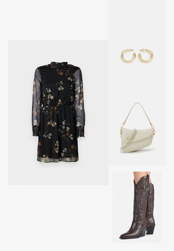 Rochie neagră cu flori, cu mâneci lungi din material transparent, talie elastică, guler volă și modele de flori maro și alb în toată rochia.; Bocanci de cowboy din piele maro, cu vârf ascuțit și toc pătrat, având cusături detaliate și accente ridicate pe tijă.; Geantă mică de crem cu un finisaj texturat, curea lungă și ajustabilă, accent cu lanț și închidere cu clapetă. Detalii din hardware aurie.; Cercei cercuri din aur cu un finisaj neted și strălucitor. Design circular cu un mic suport și un spate transparent pentru o purtare sigură.
