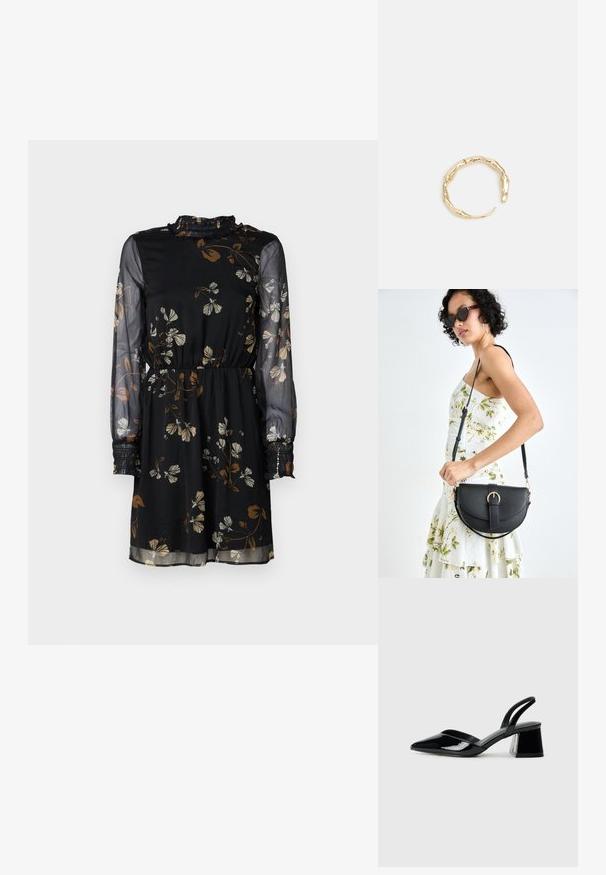 Črna cvetna obleka z dolgimi prozornimi rokavi, elastičnim pasom, nabranim ovratnikom ter rjavimi in belimi cvetličnimi vzorci po celotni obleki.; Črne lakirane slingback pete s koničastim nosom in geometrijsko blokasto peto. Imajo eleganten, minimalističen dizajn in gladko teksturo.; Črna usnjena torbica s ukrivljeno obliko, z odstranljivo naramnico in zlatimi dodatki. Torbica ima pokrov s podrobnostmi v obliki zaponke.; Zlati prstan s organskim, zvitim dizajnom, gladko površino in taperiranimi konci, ki ustvarja modernega, skulpturalnega videza.