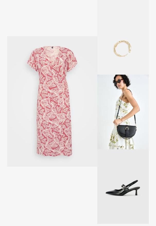 Ružičasta i bijela haljina sa uzorkom, V-izrezom, kratkim rukavima i zavojnim dizajnom. Napravljena od lagane tkanine s cvjetnim motivima.; Crne lakirane slingback potpetice s oštrim prstom i malom blok petom, s naglaskom na srebrnoj kopči na remenu.; Crna kožna torba s lukovitim oblikom, odvojivim remenom i zlatnim detaljima. Torba ima preklop s kopčom.; Prsten u zlatnoj nijansi s organskim, uvijenim dizajnom, glatkom teksturom i suženim krajevima, koji stvara moderan, skulpturalni izgled.