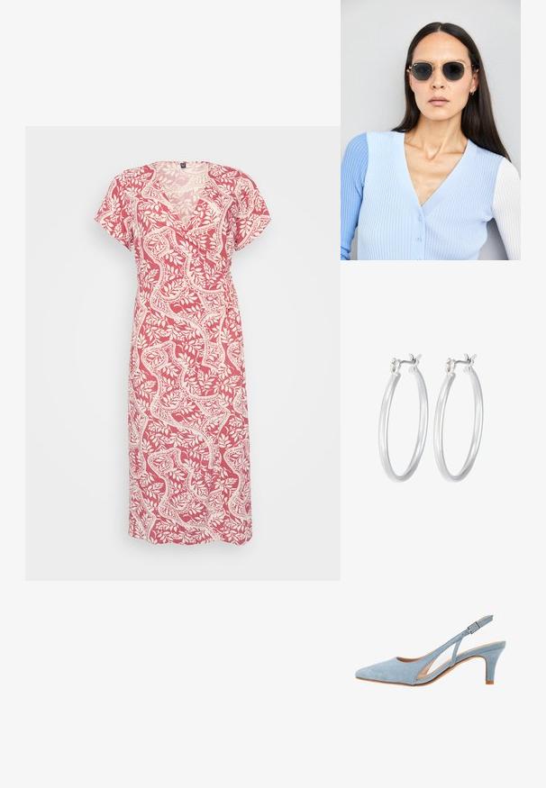 Pink and white patterned dress with a V-neck, short sleeves, and wrap design. Made from lightweight fabric with floral motifs.; Light blue suede slingback heel, pointed toe, adjustable ankle strap with metal buckle, natural beige insole, and low heel.; Round sunglasses with dark lenses and gold frames. The model wears a light blue, ribbed cardigan with buttons and contrast white sleeves.; Silver hoop earrings with a smooth, polished finish. Round shape and secure click-top closure. Lightweight design suitable for everyday wear.