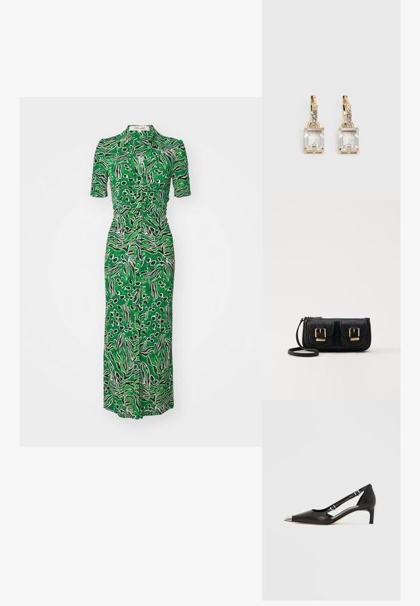 Diane von Furstenberg ZOEY DRESS - Tričkové šaty - green; Čierna kožená lodička s nízkym opätkom typu kitten, so špicatou striebristou špičkou a dvoma remienkami s prackami na bielom pozadí.; Čierna kožená crossbody taška s dvoma prednými vreckami, zlatými sponami, zipsovým uzatváraním a úzkym popruhom. Štruktúrovaný povrch a kompaktný obdĺžnikový tvar.; Náušnice v zlatej farbe, ktoré majú obdĺžnikový, transparentný kryštál visiaci pod radom malých, guľatých, čírych akcentov. Elegantný, moderný dizajn.