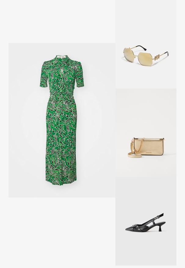 Diane von Furstenberg ZOEY DRESS - Rochie tip cămașă - green; Pantofii slingback din piele neagră, cu vârful ascuțit, curele decorative cu ochiuri din metal și toc bloc mic. Suprafață texturată.; Versace MEDUSA BIGGIE - Ochelari de soare - gold-coloured/gold-coloured; Clutch din piele aurie metalizată, cu un finisaj texturat, având o curea din lanț aurie și o curea pentru umăr detașabilă. Logo-ul brandului embosat.