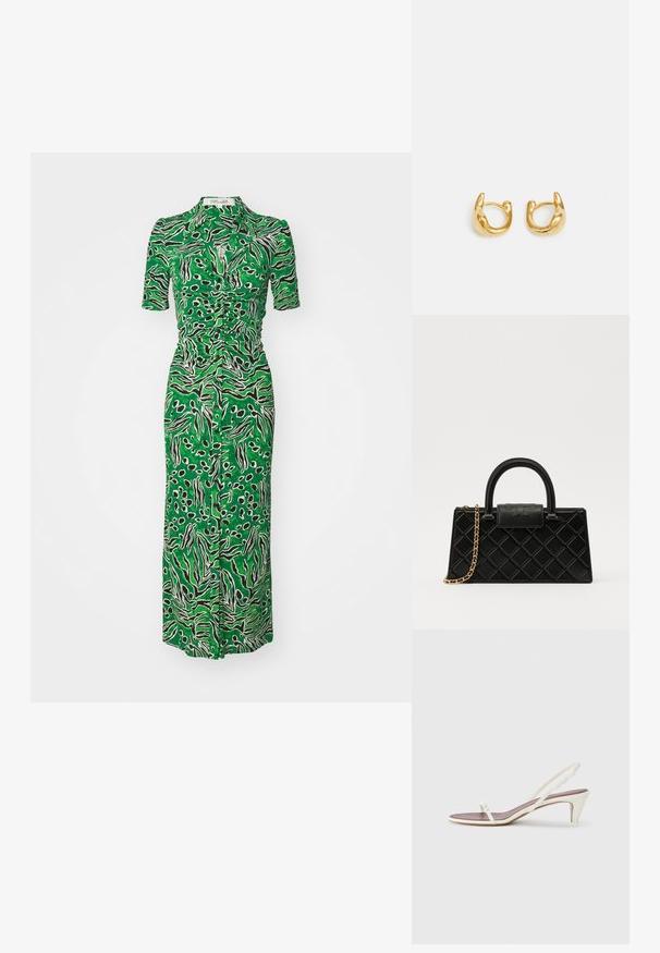 Diane von Furstenberg ZOEY DRESS - Vestido camisero - green; Sandalias blancas de goma con un ligero tacón, tiras delgadas y una textura de cuero suave; cuentan con una pequeña hebilla decorativa.; Bolso negro hecho de cuero texturizado, con un patrón de diamantes, cadena de tono dorado y un asa superior con un cierre de tapa con el logo en relieve.; Pendientes de aro dorados con un diseño suave y redondeado, acabado pulido. Los pendientes tienen una forma compacta y robusta, y un cierre sin costuras.