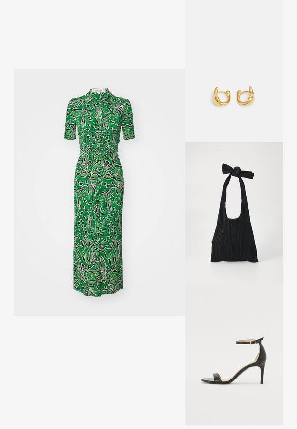 Diane von Furstenberg ZOEY DRESS - Srajčna obleka - green; Črne usnjene sandale s peto, ki imajo priponko za gleženj. Imajo gladko teksturo, odprt prst in tanek peto. Podrobnost z zlatim sponko.; Loeffler Randall BOBBY PLEATED TOTE - Torbica - black; Zlate uhane v obliki obroča z gladkim, zaobljenim dizajnom in sijajno obdelavo. Uhane odlikuje kompaktna, debela oblika in brezšivna sponka.