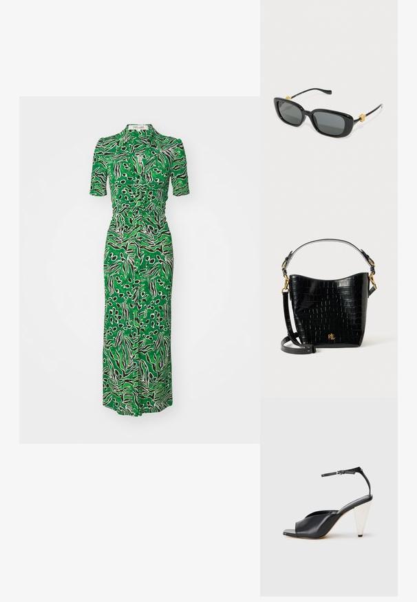 Diane von Furstenberg ZOEY DRESS - Skjortklänning - green; Svart läder hög klack sandalett med öppen tå, asymmetrisk design, ankelrem och en metallisk konformad klack. Slät textur genomgående.; Svarta rektangulära solglasögon med gråa linser och gyllene lejonhuvudaccentuerande detaljer på bågarna. Slät plastbåge, elegant design.; Svart krokodilpräglad läderväska med en bågformad design, guldfärgade detaljer, en justerbar rem och en logodetalj framtill.