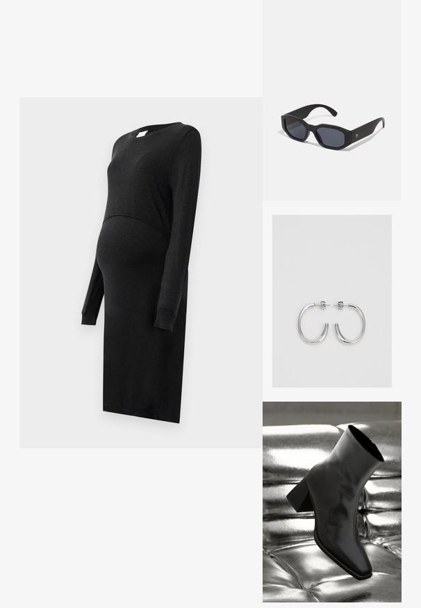 Grūtniecības kleita melnā krāsā, ar garām piedurknēm, mīksts audums, pieguļošs augšdaļā un brīvs apakšā, ceļa garuma dizains un apaļa kakla izgriezums.; Melnas potītes kurpes, izgatavotas no spīdīga materiāla, ar kvadrātveida purngalu un konusveida papēdi, novietotas uz spīdīga sudraba izšūta fona.; Melnas saulesbrilles ar taisnstūra formu, matētu apdari, tumšiem stikliem un nedaudz izliektām kājām. Diskrēts logo akcenti uz vienas kājas.; Sudraba riņķveida auskari ar gludu, spīdīgu apdari. Apaļas formas, viegla dizaina, ar aizdari uz stieples.