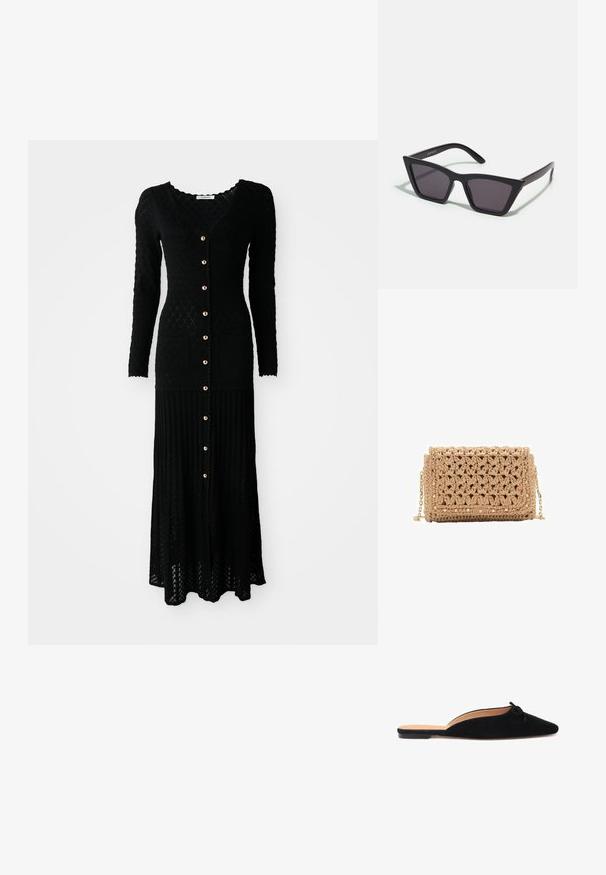 Crna pletena maksi haljina s dugim rukavima, V-izrezom, dugmadi sprijeda, rebrastom teksturom, dijamantnim uzorkom i dva prednja džepa. Zlatni detalj dugmadi.; Crne suede cipele bez pete s oblikovanim vrhom i malom ukrasnom mašnom na prednjem dijelu, s ravnim potplatom i otvorenim stražnjim dijelom.; Crne, uglaste sunčane naočale sa sivoj lećama; izrađene od plastike, imaju debele nogice s glatkom površinom i bez vidljivih metalnih dijelova.; Kvačkana torba u svijetlo bež boji, s teksturiranim uzorkom. Zlata lančana naramenica, sa dekorativnim zakovicama duž rubova za dodatne detalje.
