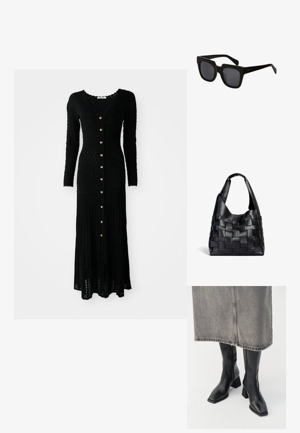 Sort strikket maxikjole med lange ærmer, V-hals, knapfront, ribbet tekstur, diamantmønster og to forlommer. Gyldne knapdetaljer.; Sorte knæhøje støvler i glat læder med firkantet tå og blokeret hæl. Båret med en grå denimnederdel med flosset kant.; Sorte rektangulære solbriller med tykke plastiskrammer og mørke linser. Bøjlerne er slanke med en blank finish og minimal branding.; Sort læder vævet tote taske med en slasket form og bred skulderrem. Har et tekstureret, sammenflettet design med en glat overflade.