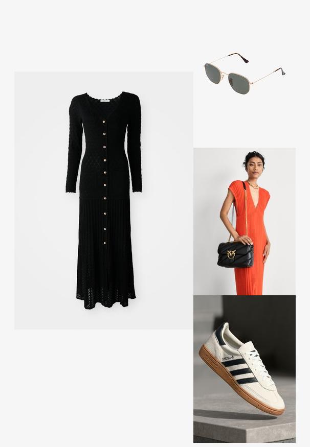 Mustard musträätud maksikleidi, millel on pikad varrukad, V-kaelus, nööpide eesmine sulgus, soonikkoes, teemantmustrit ja kaks eesmist taskut. Kuldne nööpide detail.; Valge suede toss, millel on tumesinised triibud, kummist alus, tekstureeritud pealis, ümar varvas ja paelad; külgedel ja keelel on brändingu elemendid.; Kuldne metallraamiga prillid tumeroheline lensega, piloot-stiil, millel on õhukesed käepidemed ja kilpkonna mustriga aktsendid otstes.; Must must¨kott mustast nahast, millel on tikand ja kullast riistvara, kaunistava luku detailiga. Kotil on ketikand ja seda hoitakse käes.; Kuldne ristküliku kuju kell valge näoga, minimalistlike tunni markeritega ja metallvõrgust käevõruga. Omab külgmist kroonit, mis võimaldab aega reguleerida.