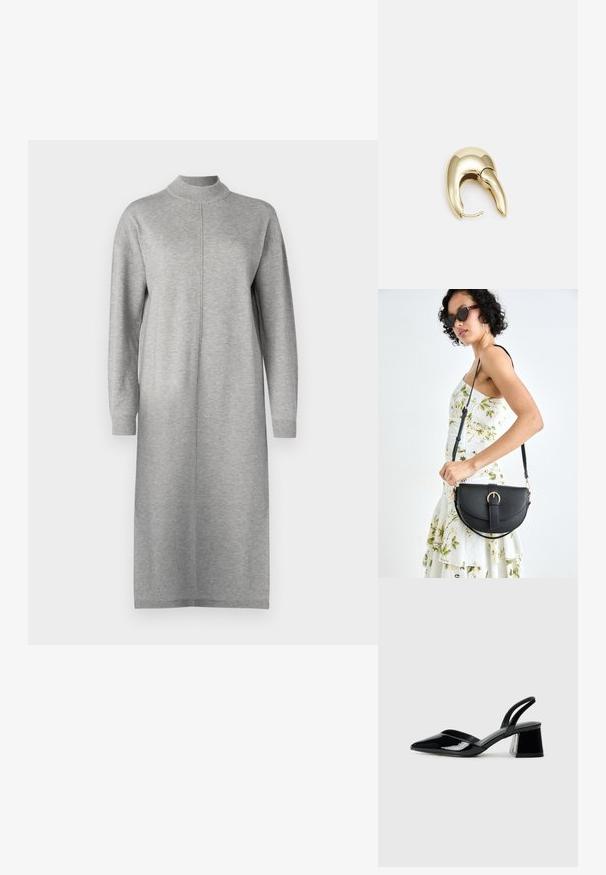 Pikkade varrukatega hall kleit, mis on valmistatud pehmest kangast, kõrge kaelusega ja sirge lõikega, mille keskel ulatub õmblus.; Mustad musta lakknahk kingad, millel on terav varvas ja geomeetriline plokkkonts. Omab elegantselt minimalistlikku disaini ja sujuvat tekstuuri.; Mustmust mustraha kõverate joontega, eemaldatava rihmaga ja kuldsete detailidega. Kotil on klapp, millel on pandladetail.; Kuldtooni metallist kõrvarõngas, millel on elegantne ja kaarjas disain. Omab silmapaistvat teravat kuju, poleeritud pinda ja hingesulgemist.