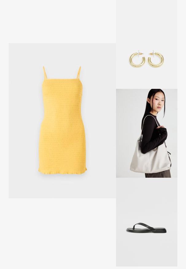 Vestido amarelo com pregas, alças finas e corte reto. Apresenta uma superfície texturizada e uma bainha em babados. Feito de tecido leve.; Chinelo preto feito de couro liso, com um design de tira fina e sola baixa com um perfil minimalista. Sem padrões ou acentos notáveis.; Uma bolsa bege feita de material macio, com um design descontraído, detalhes de costura e duas alças para o ombro. Adequada para uso diário.; Brincos em argola dourados com um acabamento liso e brilhante. Design circular com um pequeno pino e suporte transparente para um uso seguro.