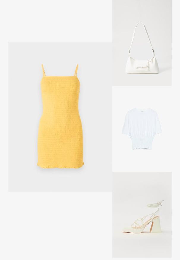 Žlté šaty s ramienkami a rovný strih. Majú štruktúrovaný povrch a volánový lem. Vyrobené z ľahkého materiálu.; Biela krátka T-shirt s voľným strihom a zlaceným textúrou v oblasti pása. Vyrobená z mäkkého, ľahkého materiálu.; Biele sandále na vysokom opätku s hrubým podpätkom, s pruhovaným dizajnom a viazaním na členku. Hladký povrch s platformou vpredu pre zvýšenú výšku.; Biela syntetická kabelka s trojuholníkovým tvarom, plochým predným klapkou a detailom mašle, nastaviteľným popruhom, hladkou textúrou a minimalistickým dizajnom.