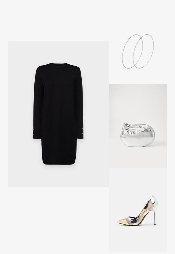Črna obleka z dolgimi rokavi in okroglo ovratnikom, z gumbnimi detajli na manšetah, izdelana iz mehkega blaga, do kolen.; Čevlji z visoko peto in konico, v barvni kombinaciji srebrne, zlate in nude. Sijajna obdelava z izrezljanim dizajnom, z igličasto peto.; Srebrna kovinska torbica z mehko, zaobljeno obliko in zavezano zgornjo zaporo. Narejena iz gladkega umetnega usnja.; Srebrne uhane v obliki obroča z minimalističnim dizajnom. Krožna oblika, gladka tekstura in tanek profil. Lahki s poliranim zaključkom.