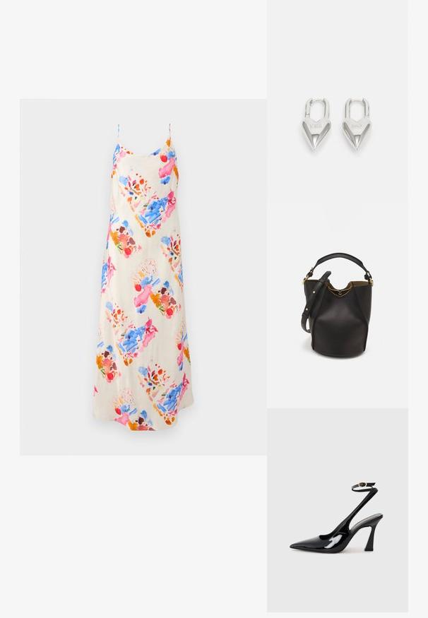 Satinė, be rankovių suknelė turi grietinėlės spalvos pagrindą su spalvingais gėlių raštais rožinės, mėlynos ir oranžinės spalvos, plaukianti tiesi siluetu.; Juodai lakuoti slingback aukšti kulniukai su smailiu nosiu, reguliuojama čiurnos juostele ir vidutinio dydžio blokiniu kulnu. Lygus paviršius su blizgiu apdaila.; Juodas odinis kibiro tipo krepšys su tekstūruotu paviršiumi, auksiniais detalėmis ir atvira viršūne. Yra trumpa rankena ir reguliuojama petneša.; Sidabrinės širdelės formos užraktai su išgraviruotais žodžiais "TAIP" ir "NE", poliruotas paviršius, simetriškas dizainas ir tvirtas metalinis užraktas.