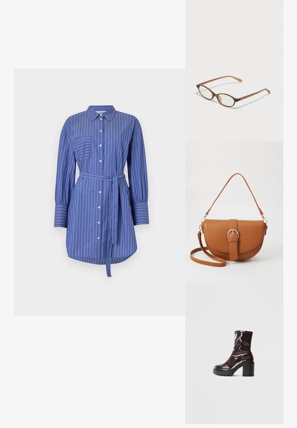 Rochie din bumbac cu dungi albastre, cu mâneci lungi, închidere cu nasturi, un buzunar pe partea stângă a pieptului și o curea din același material la talie.; Botine lucioase burgundy, cu toc gros negru, având o textură netedă și un design simplu. Fără închideri sau modele vizibile.; Ochelari în nuanță de țestoasă maro, cu lentile ovale, brațe subțiri și accente transparente. Prezintă un logo subtil pe tâmplă. Design elegant și ușor.; Geantă din piele maro, tip crossbody, cu o formă curbată, accesorii aurii și un accent cu cataramă. Dispune de un curea de umăr detașabilă.