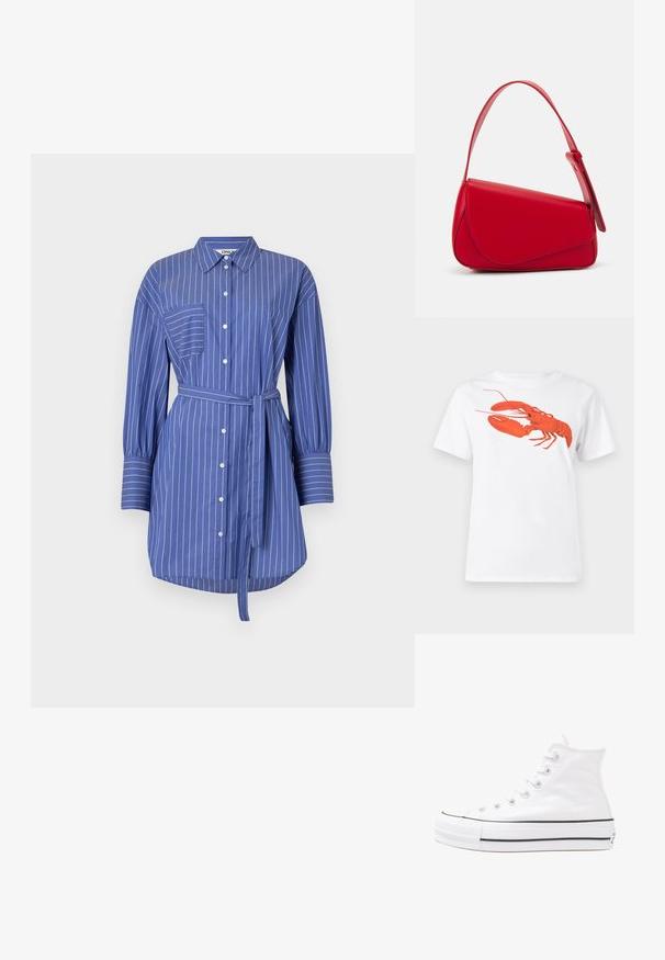 Obleka s trakami modre barve z dolgimi rokavi, z gumbnim zapiranjem, žepom na levi strani prsnega dela in ujemajočim pasom iz istega materiala na pasu.; Bela bomba iz bombaža z velikim, svetlo rdečim grafikonom jastreba na sprednji strani. Kratki rokavi in standarden kroj s okroglim izrezom.; Beli visoki platneni športni čevelj z črnim gumijastim podplatom, sprednjim gumijastim zaščitnikom za prste in šestimi luknjicami za vezalke, ki se ponaša s preprostim, minimalističnim dizajnom.; Rdeča usnjena torba z angularnim, geometrijskim dizajnom. Ima en samostoječ nastavljiv ročaj in pokrov, zaprt z zapiranjem, ki je okrašen s šivi.