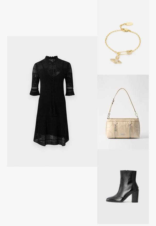 Crna pletena haljina s visokim dekolteom, rukavima do tri četvrtine s volanima na rubovima i teksturiranim uzorkom po cijeloj površini. Uključuje i vezicu s resicama.; Crna kožna čizma do gležnjeva s glatkom teksturom, špicastim vrhom i debelim visokim potpeticama. Ima bočni otvor i minimalistički dizajn.; Bež ženska torba od kože sa srebrnim detaljima, dva bočna zipa, strukturirani dizajn i uklonjiva traka za svestranost.; Narukvica u zlatnoj boji s dizajnom lanca, ukrašena privjeskom u obliku sigurnosne igle i sjajnim detaljem mašne. Ima kopču i oznaku s logotipom.