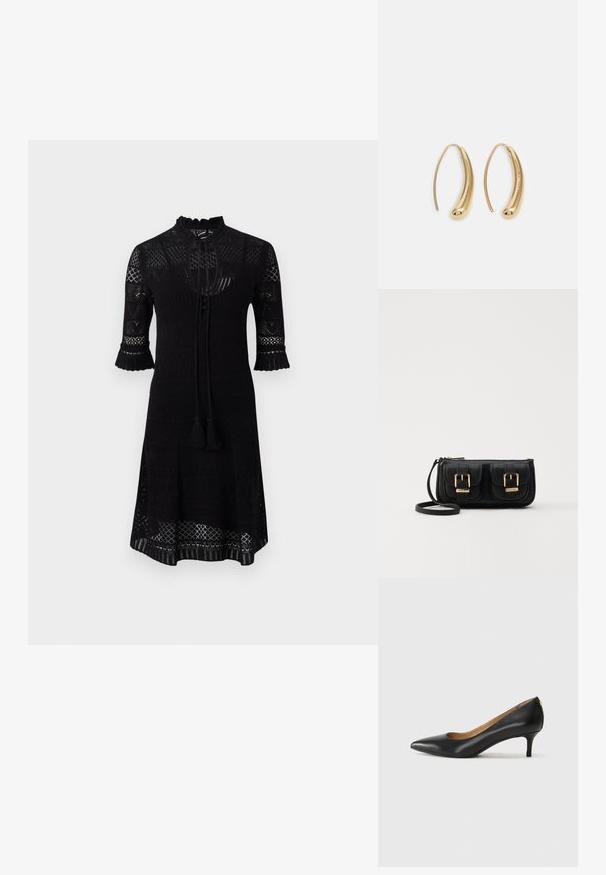 Black knit dress featuring a high neckline, three-quarter sleeves with ruffled edges, and a textured pattern throughout. Includes a tie with tassels.; Black leather pump with a pointed toe, low heel, and a smooth texture. Features a slight opening at the front and minimal hardware at the back.; Black leather crossbody bag with two front pockets, gold buckles, zipper closure, and a slim strap. Textured surface and compact rectangular shape.; Gold-tone metal hoop earrings with a curved, elongated shape. Features a smooth, shiny surface and a rounded tip for added detail.