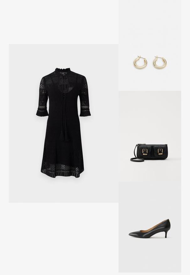 Black knit dress featuring a high neckline, three-quarter sleeves with ruffled edges, and a textured pattern throughout. Includes a tie with tassels.; Black leather pump with a pointed toe, low heel, and a smooth texture. Features a slight opening at the front and minimal hardware at the back.; Black leather crossbody bag with two front pockets, gold buckles, zipper closure, and a slim strap. Textured surface and compact rectangular shape.; Lauren Ralph Lauren BASIC SMALL HOOP - Earrings - gold-coloured