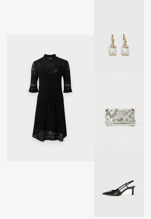 Črna pletena obleka z visokim ovratnikom, tremi četrtinskimi rokavi z nabranimi robovi in teksturiranim vzorcem po celotni obleki. Vključuje trak z resicami.; Črne lakaste slingback pete s koničastim nosom, ki imajo teksturiran vzorec kačje kože, nastavljiv trak in kratek teksturiran blok peto.; Srebrna metalna torbica z verižnim ročajem, prešita tekstura, dekorativno šivanje in zadrga. Ima embosirane dodatke na sprednji strani.; Zlato obarvani uhani, ki vsebujejo pravokoten, prozoren kristal, obešen pod vrsto majhnih, okroglih prozornih dodatkov. Elegantna, moderna zasnova.