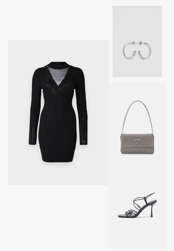 Fekete bordázott kötött ruha fitted sziluettel. Átlátszó, mély V-kivágással, hosszú ujjak cut-out részletekkel. Sima textúra.; Fekete magas sarkú szandálok vékony pántokkal, csomózott mintával, sima négyzetes orral és karcsú stiletto sarkal rendelkeznek.; Világosszürke fémes kézitáska lánc pánttal, kis kör alakú fém kifinomult díszítéssel és háromszög alakú márkagéppel.; Ezüst karika fülbevalók sima, fényes felülettel. Lekerekített forma, könnyű kialakítással, tűs zárómechanizmussal.