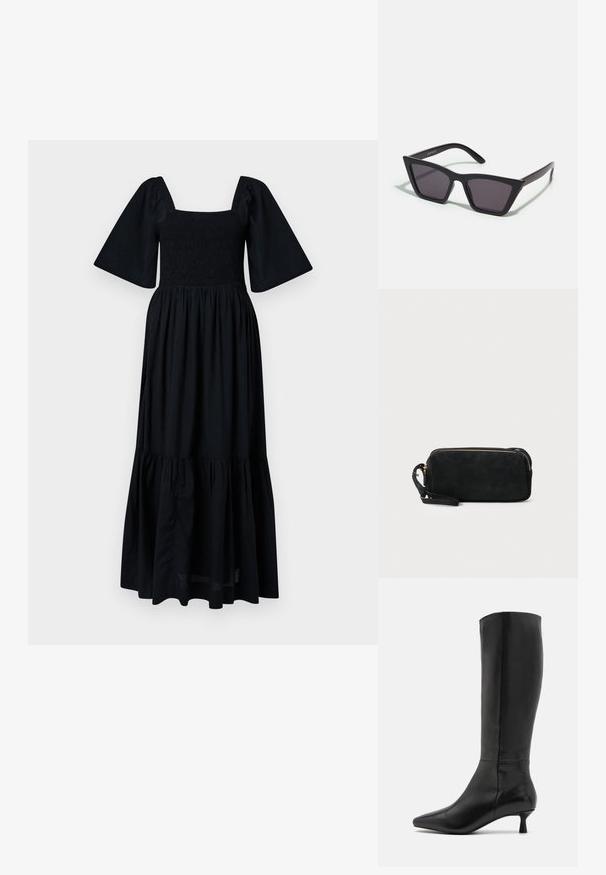 Schwarzes Maxikleid mit quadratischem Ausschnitt, gerafftem Oberteil und kurzen Puffärmeln. Der ausgestellte, gestufte Saum sorgt für Volumen und Textur. Leichtes Material.; Zign Stiefel - black; Schwarze, eckige Sonnenbrille mit grauen Gläsern; aus Kunststoff gefertigt, mit dicken Bügeln, die eine glatte Oberfläche und keine sichtbaren Beschläge haben.; Schwarze Wildleder-Clutch mit einem Reißverschluss und abnehmbarem Handgelenkband. Verfügt über goldfarbene Hardware und eine glatte, matte Oberfläche.