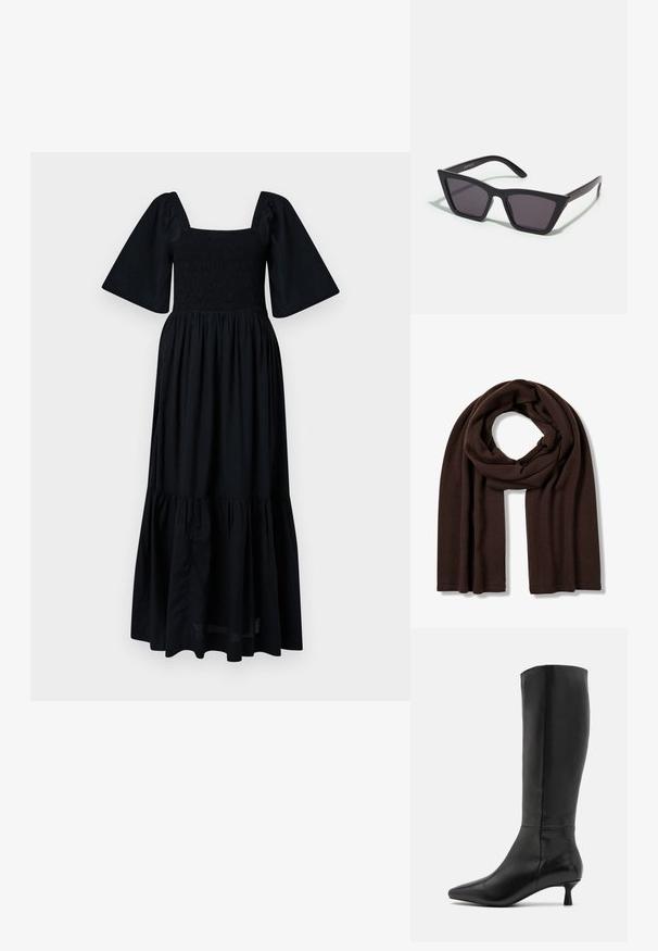 Czarna maxi sukienka z kwadratowym dekoltem, marszczonym gorsetem i krótkimi bufkami. Rozkloszowany, warstwowy dół dodaje objętości i faktury. Lekki materiał.; Zign - Kozaki; Czarne, kanciaste okulary przeciwsłoneczne z szarymi soczewkami; wykonane z plastiku, z grubymi zausznikami o gładkiej powierzchni i bez widocznych elementów metalowych.; FALKE UNISEX ciemnobrązowy