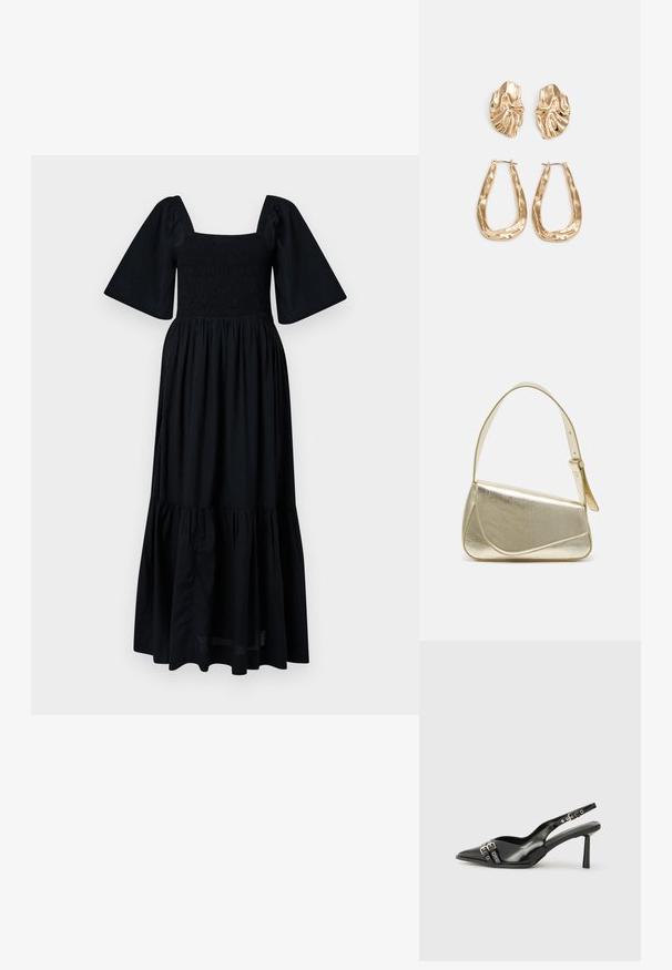 Zwarte maxi-jurk met een vierkante halslijn, gerimpelde buste en korte puffmouwen. De uitlopende gelaagde zoom voegt volume en textuur toe. Lichte stof.; Zwarte gepolijste leren slingback schoenen met een puntige neus, enkelbandjes met zilveren gespen en hardware, en een slanke hak.; Gouden metallic handtas met een gestructureerd ontwerp, gladde textuur en verstelbare schouderband. Kenmerkt zich door een unieke driehoekige vorm en minimalistische stiksels.; Gouden oorbellen met een getextureerd, golvend ontwerp. Bevat sculpturale clip-on studs en een open ringontwerp met een gehamerd oppervlak.