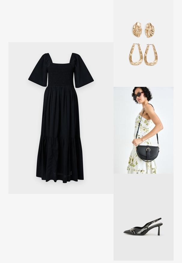 Svart maxikjole med firkantet utringning, smocket liv og korte pufferm. Utsvingt, lagdelt hem gir volum og tekstur. Lett stoff.; Sorte patentlær slingback-sko med spiss tå, ankelremmer med sølvspenner og detaljer, og en slank hæl.; Svart lærveske med en buet form, avtagbar stropp og gullbeslag. Vesken har et klaff med spenne-detall.; Gullfargede øredobber med teksturerte, bølgete former. Inkluderer skulpturelle klipsstuds og åpen hoop-design med en hamret finish.