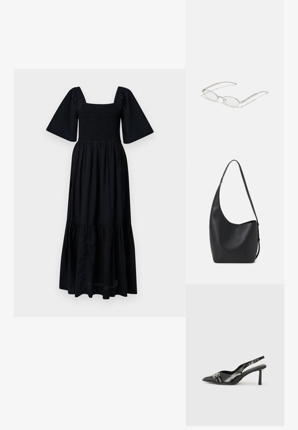 Svart maxikjole med firkantet utringning, smocket liv og korte pufferm. Utsvingt, lagdelt hem gir volum og tekstur. Lett stoff.; Sorte patentlær slingback-sko med spiss tå, ankelremmer med sølvspenner og detaljer, og en slank hæl.; Ovale briller med en metallic sølvramme, klare linser og teksturerte perleakkenter på bøyler. Lett design med buede armer.; Svart lær hobo-veske med glatt tekstur, buet form og enkelt justerbart stropp; har en bred åpning på toppen.