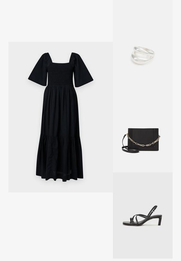 Juodas maksi suknelė su kvadratiniu iškirpimu, raukšlėtu liemeniu ir trumpomis pūstomis rankovėmis. Platėjantis, sluoksniuotas apykaklė suteikia apimties ir tekstūros. Lengvas audinys.; Juodi šlepetės su kvadratiniu pirštu ir žemu bloku kulnu. Yra keli ploni dirželiai ir reguliuojamas kulkšnies diržas. Pagaminti iš lygios odos.; Juodas odinis per petį nešiojamas krepšys turi lygų paviršių, stačiakampio formą ir metalinę grandinėlę priekyje. Pridedama reguliuojama dirželis.; Sidabrinis dvigubas žiedas su lygiu, poliruotu paviršiumi. Pasižymi sklandžiu, kreiptu dizainu su persipinančiomis dalimis, suteikiančiomis modernų išvaizdą.