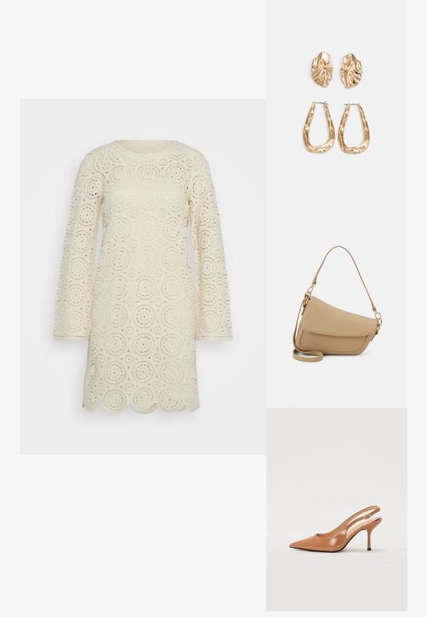 Biała sukienka szydełkowa z okrągłymi wzorami, długimi rękawami, okrągłym dekoltem i falbaniastym dołem. Teksturowana, lekka i o otwartym designie.; Sandały na obcasie z kwadratowym noskiem, wykonane z gładkiego, błyszczącego materiału w kolorze brązowym. Charakteryzują się zaokrąglonym wycięciem i smukłym obcasem typu stiletto. Detal w postaci srebrnej klamry.; Even&Odd - Torebka; Złote kolczyki w odcieniu, prezentujące teksturowane, faliste kształty. Zawierają rzeźbiarskie klipsy i otwarty projekt kółek z młotkowanym wykończeniem.